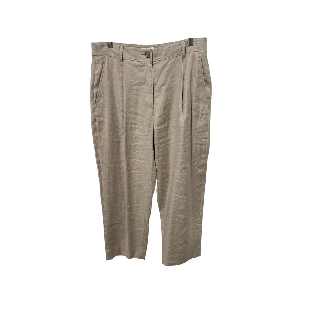 The Reset R Label Pleated Trousers Womens M Tan Linen Blend High Rise Cropped